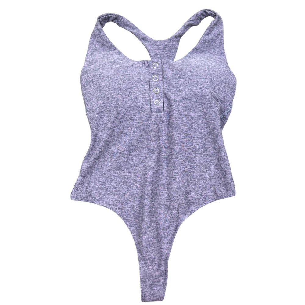 Bombshell Sportswear The Perfect Bodysuit Heathered Purple Henley Thong Tank Top